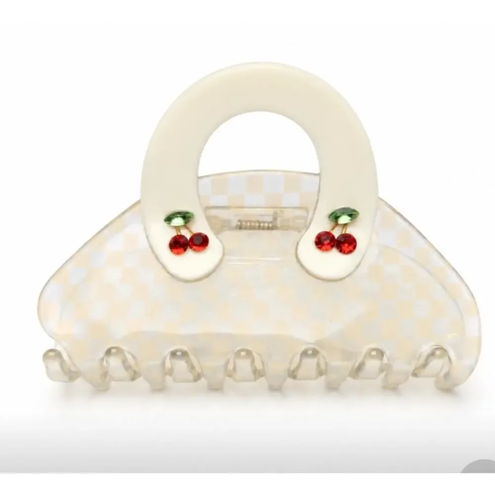 Acetate Checkered Cherry Rhinestone Hair Claw Clip